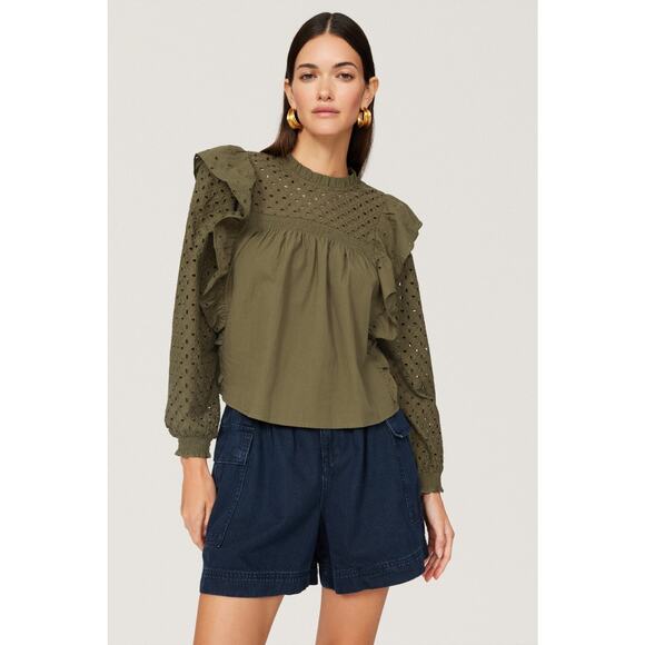 Maje Linode Olive Green Ruffled Eyelet Long Sleeve Top Size Small - Picture 1 of 12